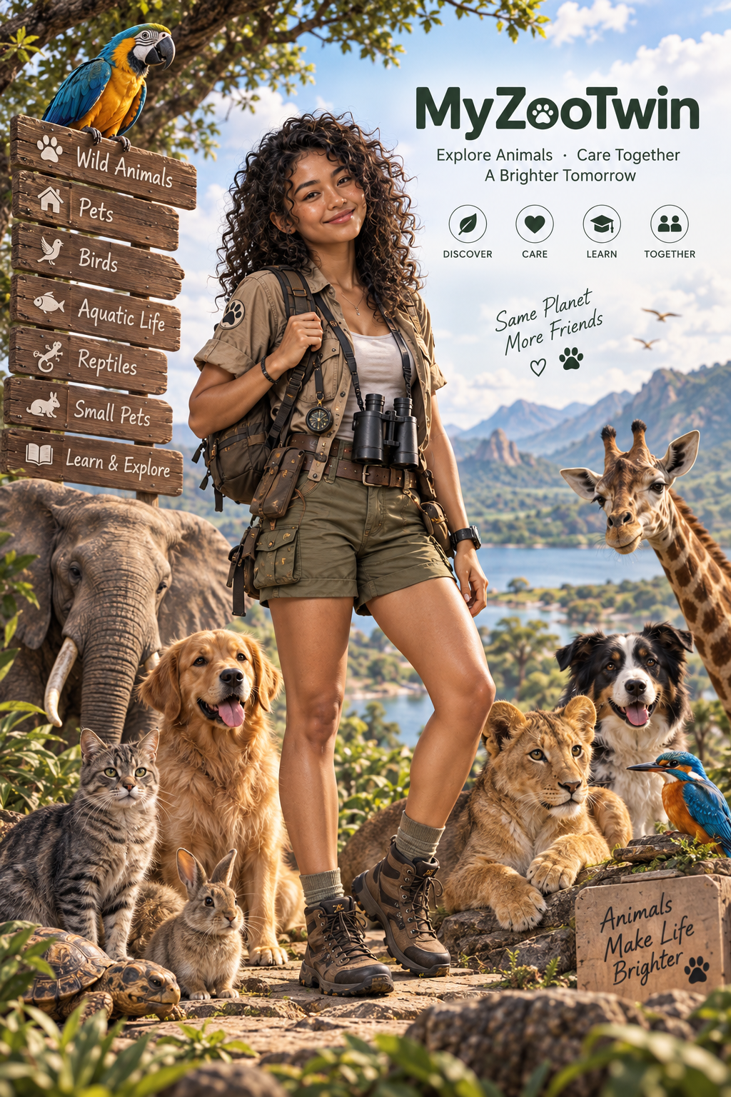 MyZooTwin explorer surrounded by a parrot, elephant, giraffe, dogs, cat, rabbit, lion, and tortoise